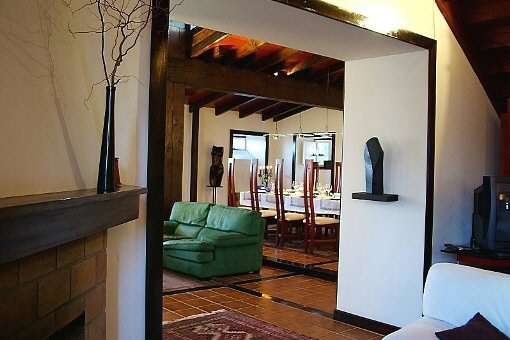 Open atmosphere: Fireplace in front of the living- and dining area