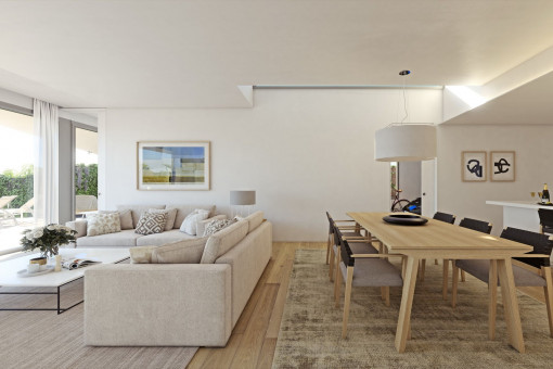 Living area, dining area, kitchen
