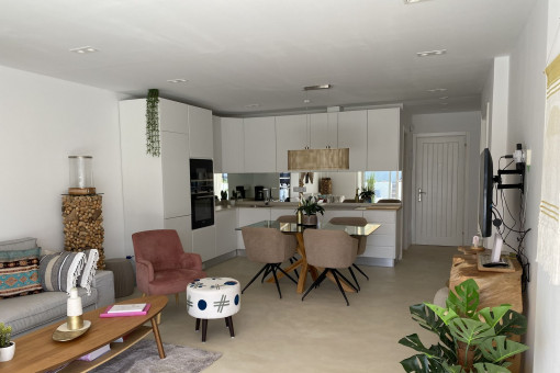 Open kitchen, dining and living area