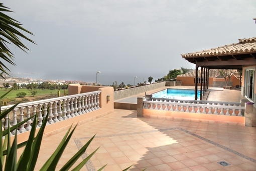 Large terrace with pool and sea views